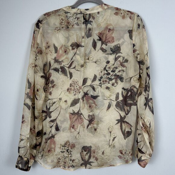 LRL Ralph Lauren Georgette Split Neck Tunic Petite L Tan Floral Sheer Fairy Boho - Picture 7 of 15